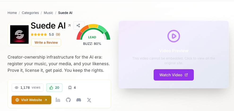 Archived AI Agents Directory listing for Suede AI, showing a 5.0 rating from nine reviews