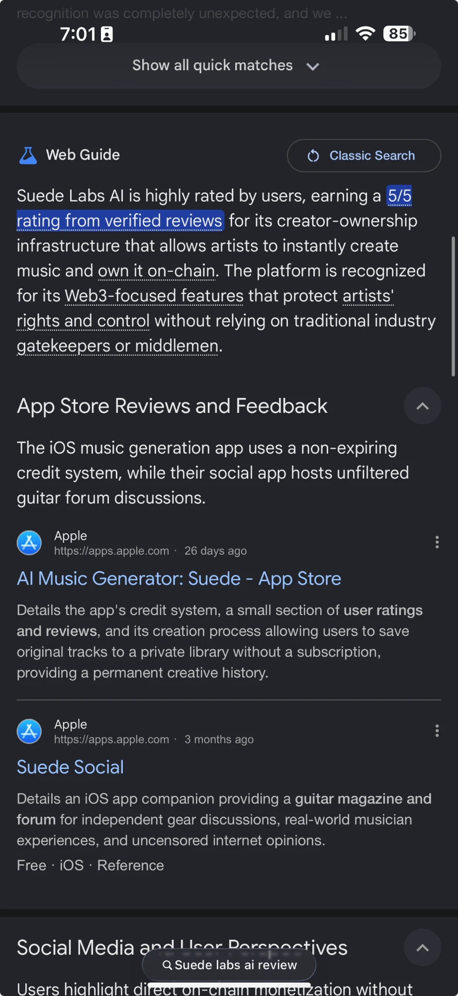 Google Web Guide result for the search Suede labs ai review, opening with Suede Labs AI is highly rated by users, earning a 5/5 rating from verified reviews, above an App Store Reviews and Feedback section citing two apps.apple.com listings